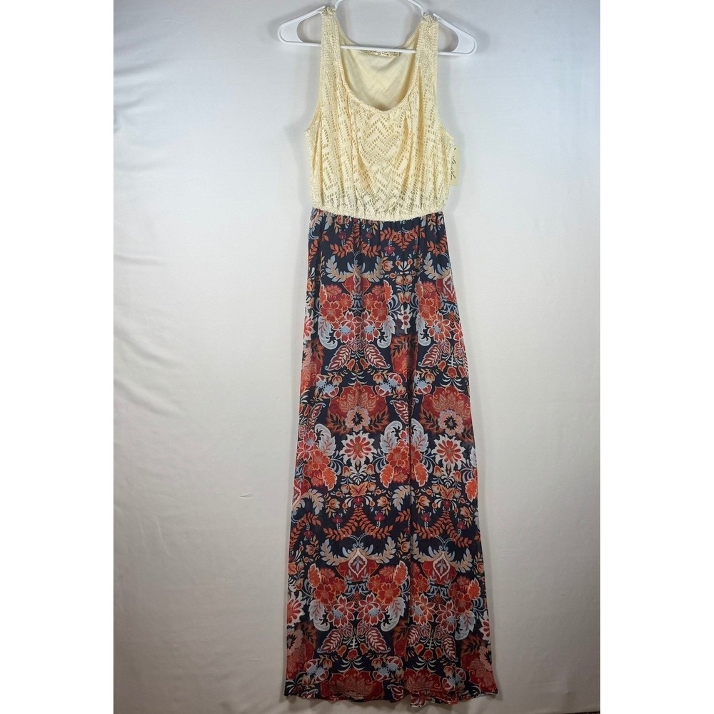 Liberty Love Womens Cream Lace Floral Chiffon Maxi Dress Boho Navy Orange Size M